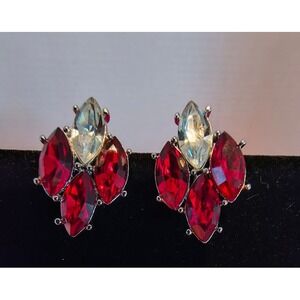Yves Saint Laurent YSL Vintage Crystal Red Marquise Post Earrings Rhodium Plated